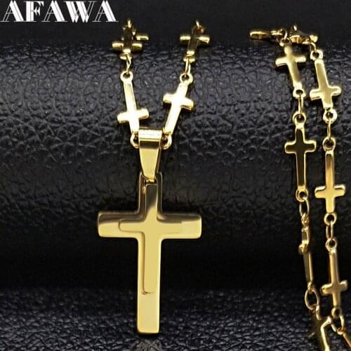 2021 Fashion Cross Stainless Steel Necklace Women Double Layer Gold Color Neckless Jewerly acero inoxidable joyeria mujer N19512