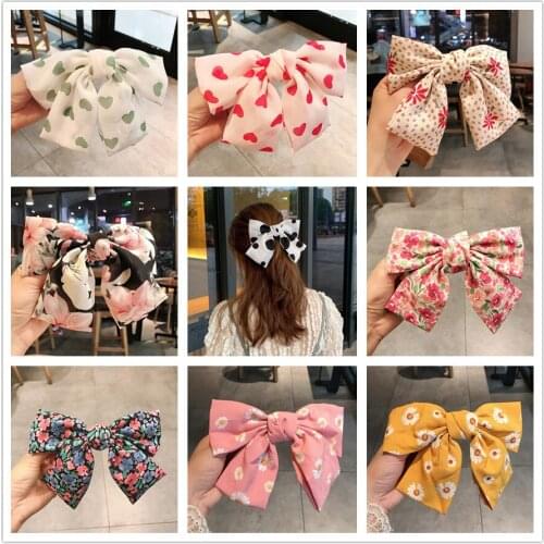 Trendy Daisy Print Bowknot Barrettes Floral Satin Bows for Women Headdress Sweet Oversized Bow Hairpins Accessories
