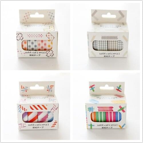 4 Rolls Washi Masking Tape Set Grid Stripes Dot Paper Masking Tapes Japanese Washi Tape Diy Scrapbooking Sticker, 15mm x 5m