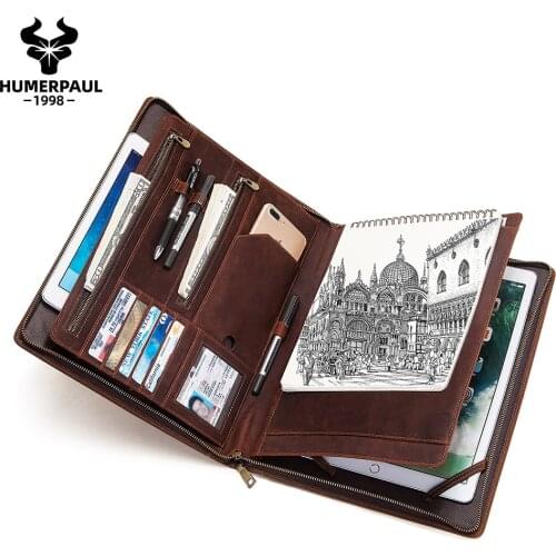 HUMERPAUL Brand Handmade Retro Padfolio Cow Leather Case for iPad Pro 7.9" Bussiness Journal Document A4 Organizer Tablet Holder