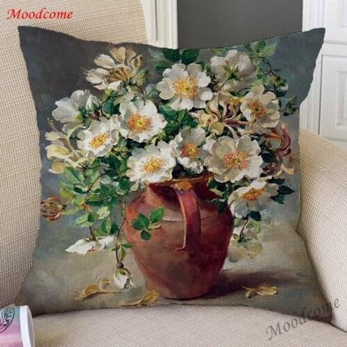 Retro European Style Flower Art Vase Pillow Case Flowers Oil Painting Throw Pillow Cover Classic Court Decorative Cushion Cover