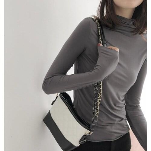 Elastic Vintage High Collar T-shirt Solid Color Long Sleeve Base Shirt 2019 Autumn Unlined Upper Garment Womens Tops