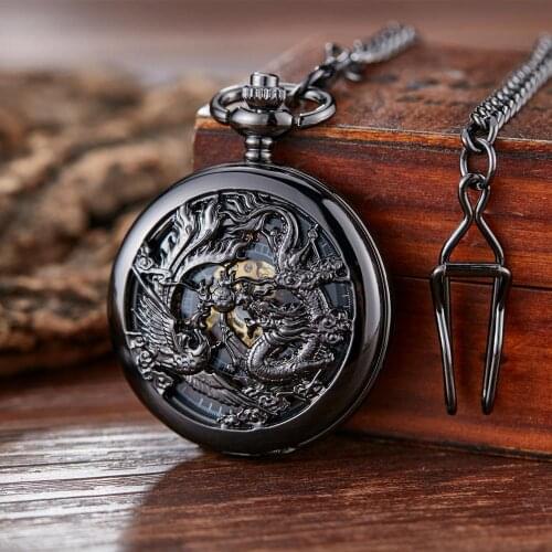 GORBEN Mechanical Pocket Watches Mens, Lucky Phoenix and Dragon, Skeleton Pocket Watch, Antique Roman Numerals