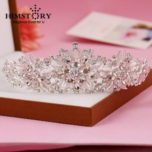 HIMSTORY Elegance FLower and Leaves Bridal Tiaras Crown Headband Clear Crystal Rhinestone Pageant Bride Hair Accessories