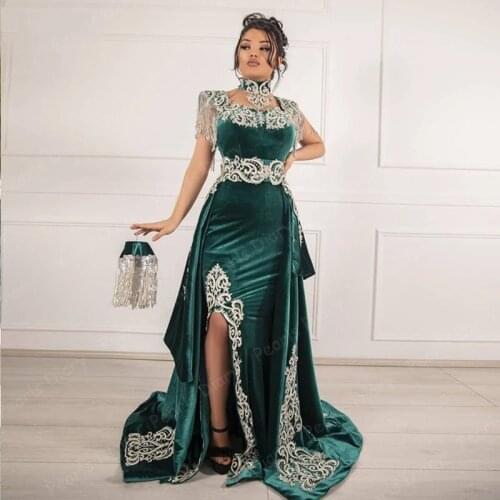 Karakou Algerien Evening Dresses 2021 Dubai Arabic Caftan Cap Sleeves Velvet Green Prom Gown Party Dresses with Detachable Skirt