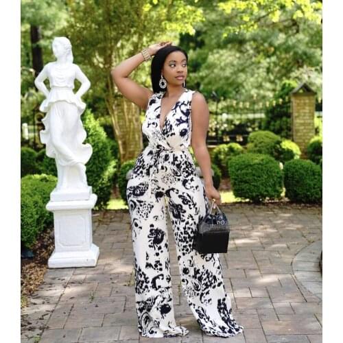 V-Neck Print Loose-Fitting Belt Pocket Jumpsuit for Fall 2021