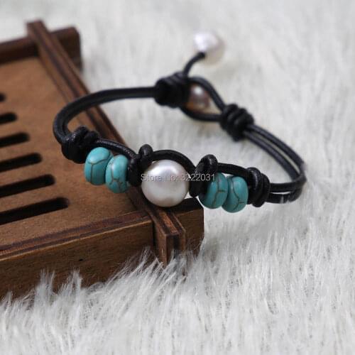 Strands Pearls Leather Handmade Jewelry,Round Leather Pearl Jewelry for women,Imitation Blue Stones Bracelets Friendship