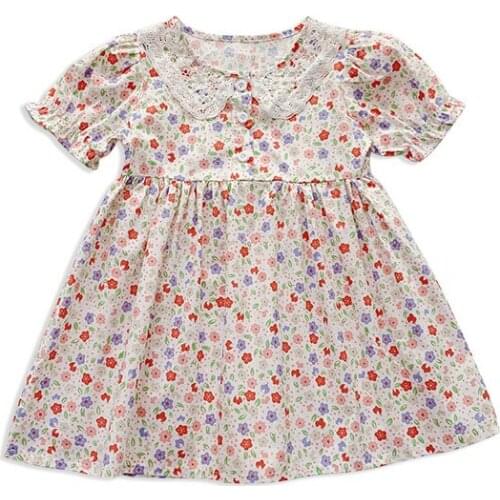 Summer Baby Girl Dresses Cute Flower Print Short Sleeve Lace Turndown Collar Girls Princess Dress for Kids