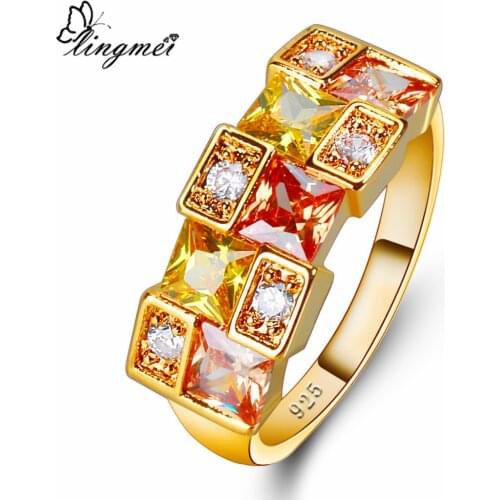 Lingmei New Princess Yellow Purple Pink Cubic Zircon Silver Color Yellow Gold Color Ring Size 6-9 Party Birthstone Women Lovers