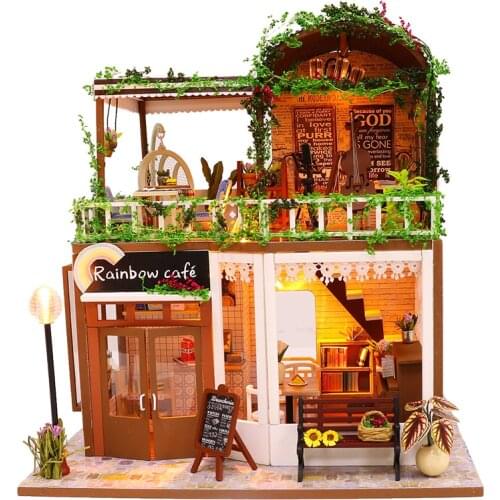 Mini DIY Wooden Rainbow Coffee Store Dollhouses Assembled Miniature with Furniture Figures Doll House Toys for Kids Friend Gift