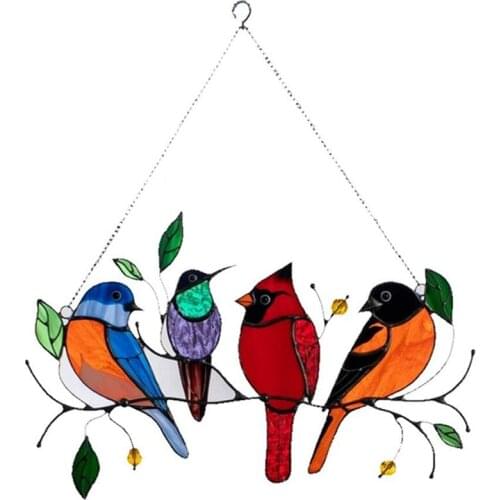 Multiple Birds on a Wire High Stained Glass Window Hanging Ornaments, Bird Series Sculptures Pendant Home Decoration