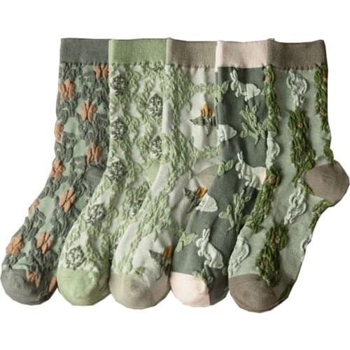 5 Pairs Women Socks Set New Retro Country Style Green Autumn Floret Soft Skin-friendly Breathable Korean Fashion Calcetines