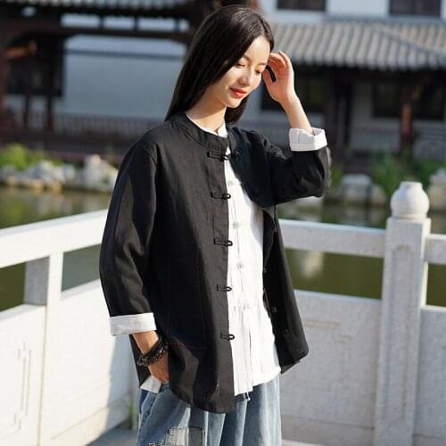 2021 Spring New Retro Cotton And Linen Hand-stitched Buttoned Shirt Womens Cardigan Jacket Top Black Blue Martial Arts Shirt
