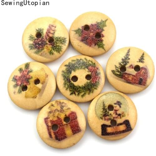 50PCS 2 Holes Random Mixed Wooden Button Christmas Pattern Scrapbook Decorative Buttons for Cloth Decoration New Years Product