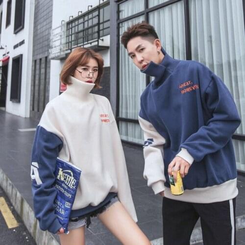 Patchwork Lovers' turtleneck sweatshirts autumn Korean embroidery stitching women sweatshirt couples loose harajuku shirts tops