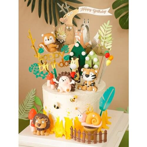 Wild Jungle Animal CakeTopper Childrens Day Birthday Party Soft Pottery Lion Giraffe Elephant Baking Decor Supplie Acrylic Card