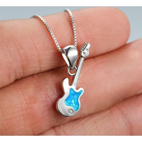 Creative Music Guitar Pendant Necklace Cute Female Blue Opal Engagement Necklace Classic Silver Color Chain Necklaces For Women