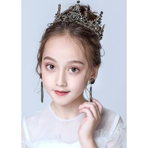 Baroque Black Tiaras And Crown Crystal Wedding Hair Accessories Elegent Bridal Headband Kid Flower Girls Hair Jewelry
