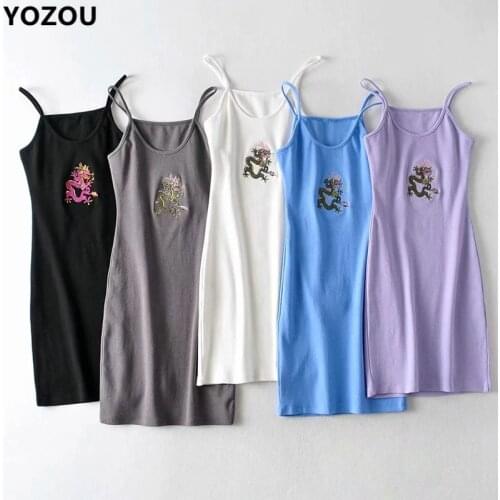 Harajuku vintage ins hot 90s retro dragon pattern embroidery purple mini dress spaghetti strap short dress summer dress cotton