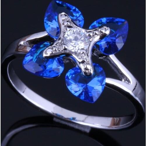 Delightful Heart Shaped Blue Cubic Zirconia Silver Plated Ring V0425