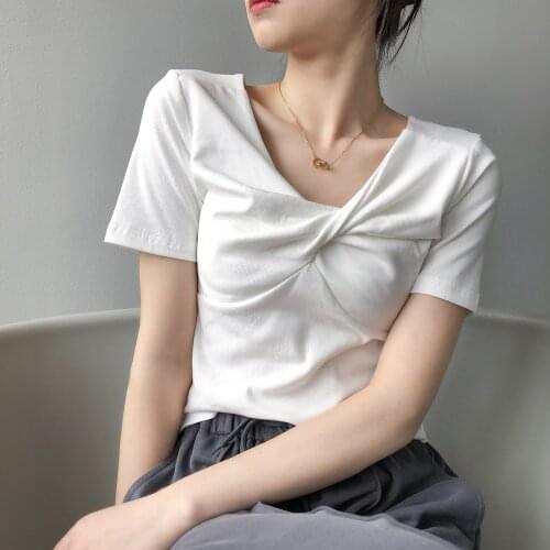 Women T-shirt Summer Clothes Short Sleeve Folds Slim Tops Korean Design Tee Sexy Female Slim white Tops Short woman tshirts