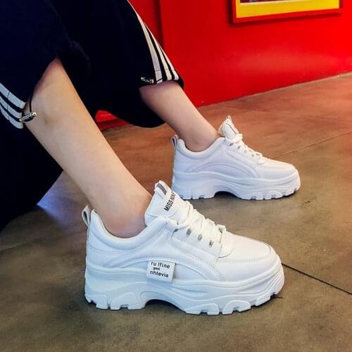 Spring Beige Platform Sneakers Women Shoes Korean Dad White Chunky Sneakers Leather Thick Sole Lace Up Casual Shoes Woman 2021