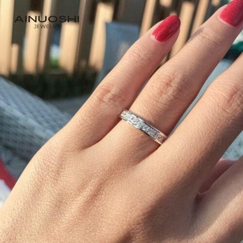 AINUOSHI 925 Sterling Silver Channel Setting Princess Cut 2x2mm SONA Diamond Wedding Band For Women Full Eternity Rings