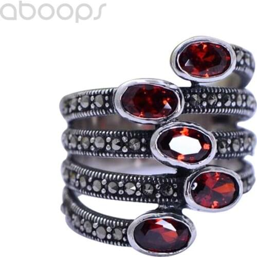 Vintage Wide 925 Sterling Silver Marcasite Finger Ring with Garnet Stones for Women Girls,Size 7-10,Free Shipping