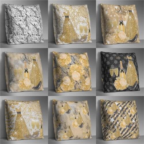 Golden Pillow Case Dress Party Pattern Flowers Pillowcase Decorative Cushion Cover For Sofa Case Pillows