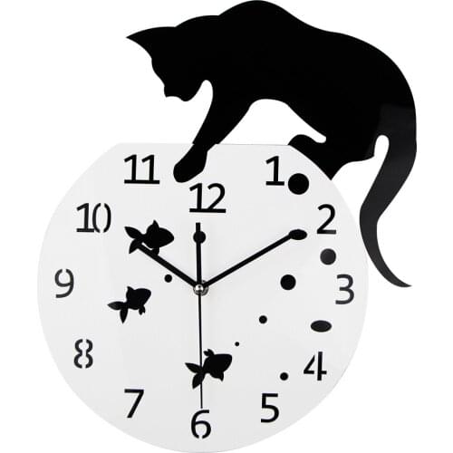 3D Home Decor Acrylic Wall Clock Cat and Fish Design Big Watch Quartz Cat Clock Living Room Decorative clocks