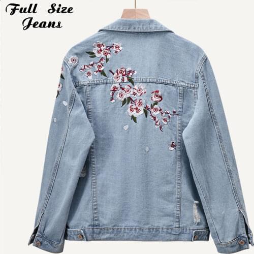 Plus Size Plum Blossom Flower Embroidery Ripped Jeans Jackets 4XL 5XL Women Harajuku Loose Ripped Light Blue Denim Coat Outwear