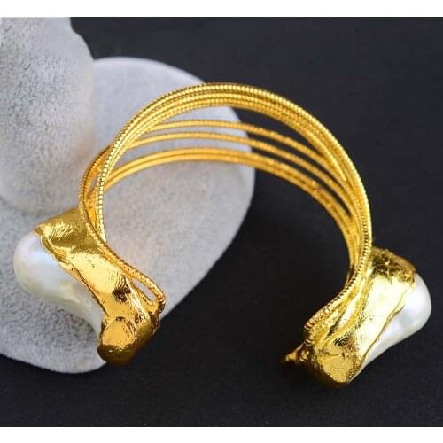 Cultured White Keshi Pearl Bangle 24 K Golden Plated Bracelet