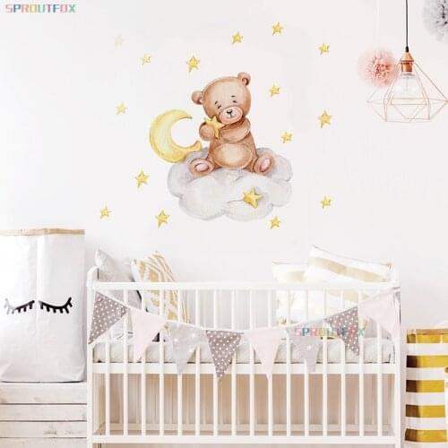 Baby Wall Sticker Bear with Stars Cartoon Animals Stickers Home Decor Living Room Berdroom Children Decorative Wall Decals