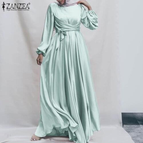 Dubai Turkey Abaya Hijab Muslim Dress ZANZEA Fashion Women Maxi Long Dress Elegant Long Sleeve Satin Sundress Robe Femme Jilbab