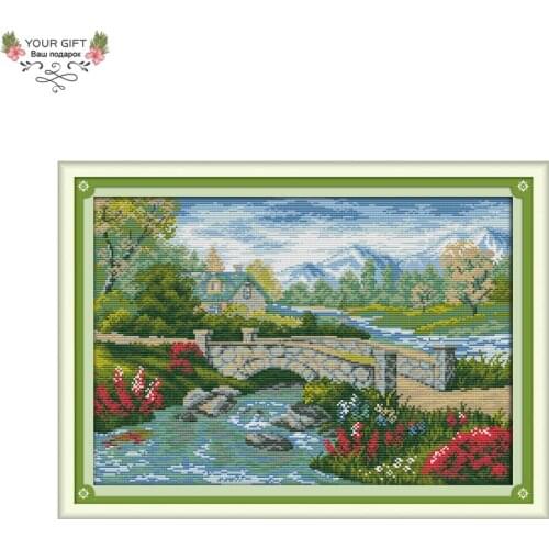 Joy Sunday Landscape Home Decor F922 14CT 11CT Counted Stamped Bridge River Needlework Needlepoints Embroidery DIY Cross Stitch
