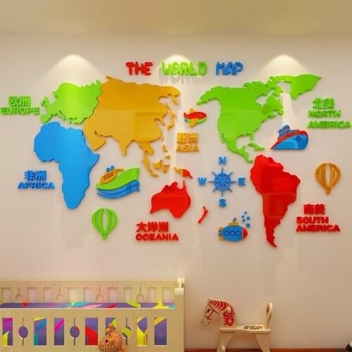 Creative INS world map DIY Childrens room bedroom home living room TV background wall decoration 3D acrylic wall stickers