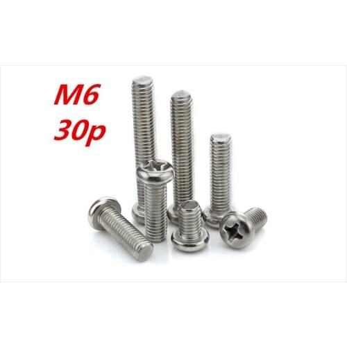 30pcs M6*8/10/12/14-80mm 304 Stainless Steel Cross Screws Round Head Plain End Phillips Plain Self-tapping Screw Bolt Fasteners