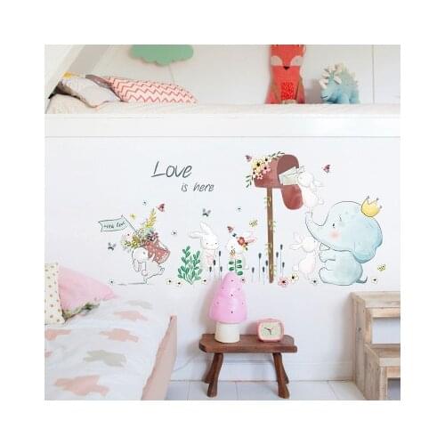 Lovely Rabbit Wall Sticker Little Elephant Receiving Mail Baby Room Wall Decoration Nursery Bedroom Decor Kids Room Decoration