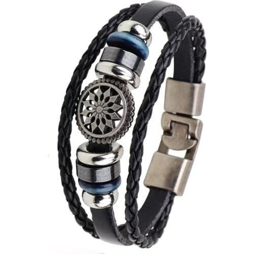 Punk Multilayer Leather Bracelet Men Vintage Alloy Flower Bracelets Accessories Elegant Jewelry Wristband Friendship Gift