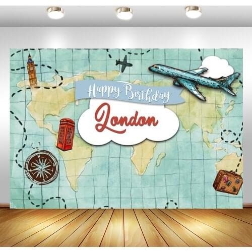 NeoBack Blue World Map Birthday Photo Background Airplane London Adventure Tour Background For Photo Clock Tower Backdrop