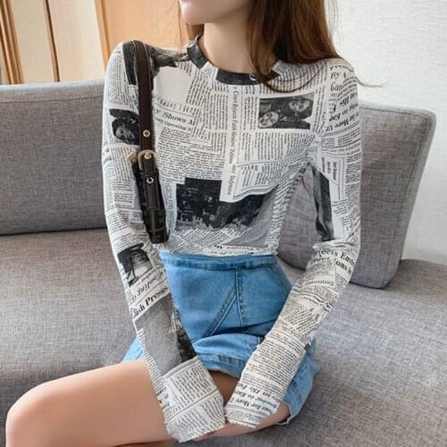 Fashion newspaper t-shirts womens letter print t-shirts femme stretchy t-shirts woman newspater pullover tops