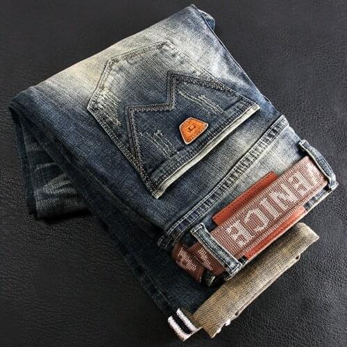 American Street Style Fashion Men Jeans High Quality Retro Blue Elastic Slim Fit Ripped Jeans Men Vintage Designer Denim Pants
