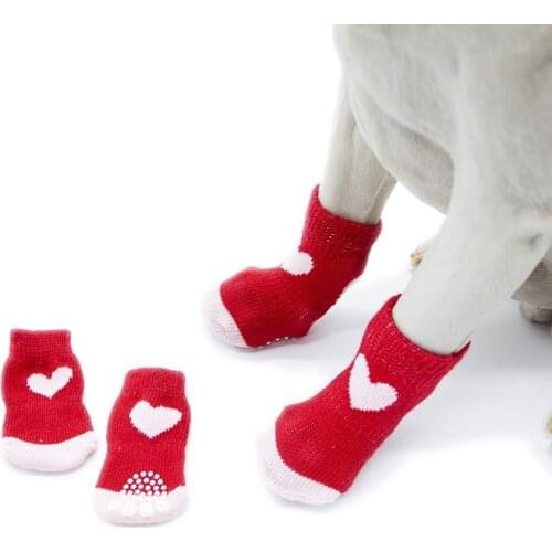 4pcs Pet Dog Knit Socks Christmas Pattern Printed Non-slip Cotton Socks Paws Cover Warm Shoes S M L XL