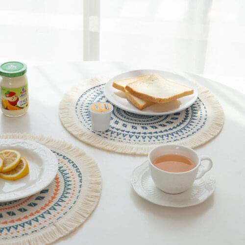 DUNXDECO Table Placemat Plate Cover Mat Party Desk Accessories Bohemia Blue Black Pink Flora Print Cotton Thread Weaving Mat