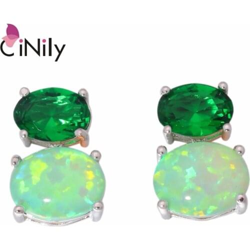 CiNily Fire Opal Stone Stud Earrings Silver Plated Large Oval Green Quartz Earring Bohemia Boho Spring Jewelry Gifts Women Girls