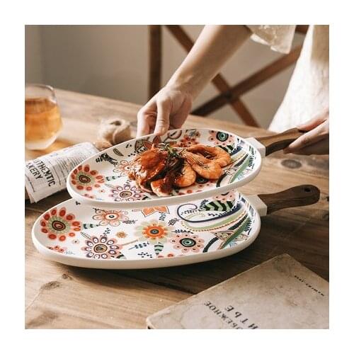 Nordic Ceramic Dinner Plates Dish Steak Salad Tray with Wooden Handle Christmas Steak Plates Home Decor Oval Dishes Tableware