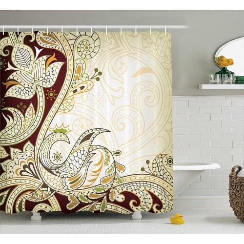 Ethnic Shower Curtain Oriental Floral Leaf Pattern with Middle Eastern Effects Design Wall Decoration Hanging Curtains