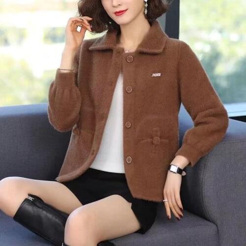 Imitated mink velvet jacket women short 2021 new autumn and winter clothes solid color sweater cardigan outside casual fashion