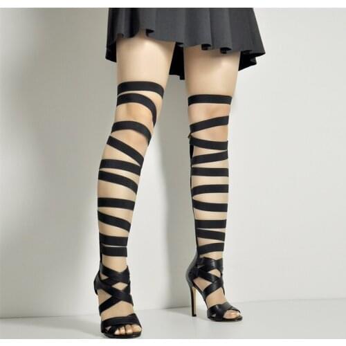 Richealnana Womens Wide Band Cross Strap Over The Knee High Boot Sandals Back Zipper Fringe Stiletto High Heels Matte Black