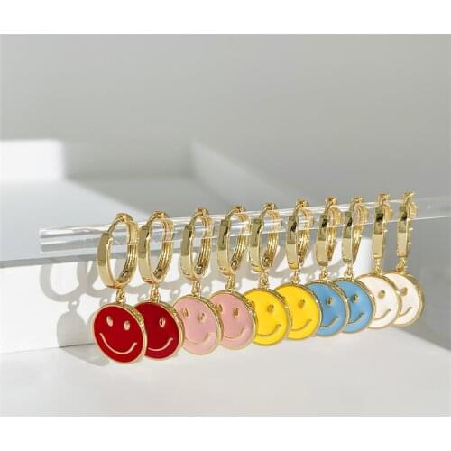 AOMU INS Fashion Cute Smiley Face Signet Round Enamel Bright Candy Colors Smiling Face Coin Drop Earring For Women Jewelry Gifts